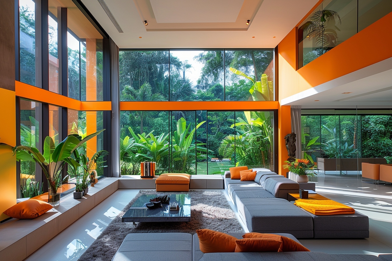 Vue panoramique d'un salon dans une maison ouverte avec des murs aux couleurs harmonisées, offrant une transition fluide et stylée entre les espaces de vie